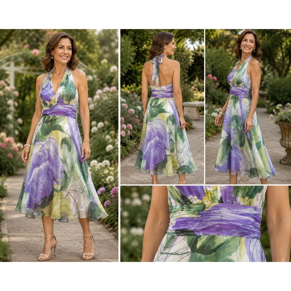 Donna Morgan Silk Halter Dress Floral Watercolor‎ Purple Green Women 8 Romantic